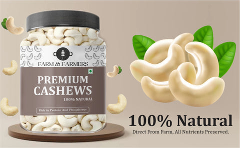 Farm & Farmers Whole Premium Cashew Nuts - Nutritious & Delicious Kaju Gluten Free Natural Crunchy Cashews Rich in Protein & Dietary Fibers Zero Cholestrol & Transfat