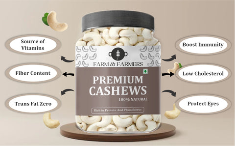 Farm & Farmers Whole Premium Cashew Nuts - Nutritious & Delicious Kaju Gluten Free Natural Crunchy Cashews Rich in Protein & Dietary Fibers Zero Cholestrol & Transfat